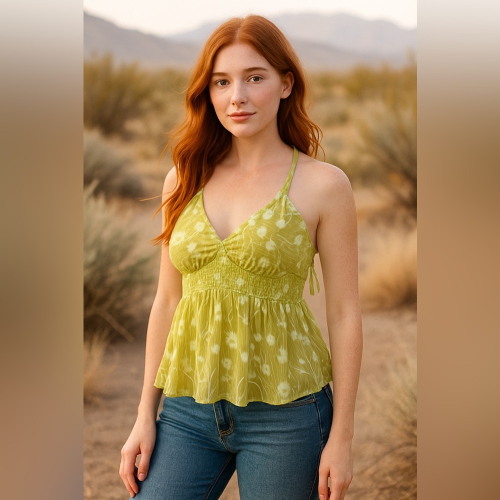 Japna Green Floral Pleated Cami Top | Flowy Boho Tank Size L